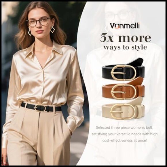 3 Pack Faux Leather Belts with Gold Buckle for Women main image 5